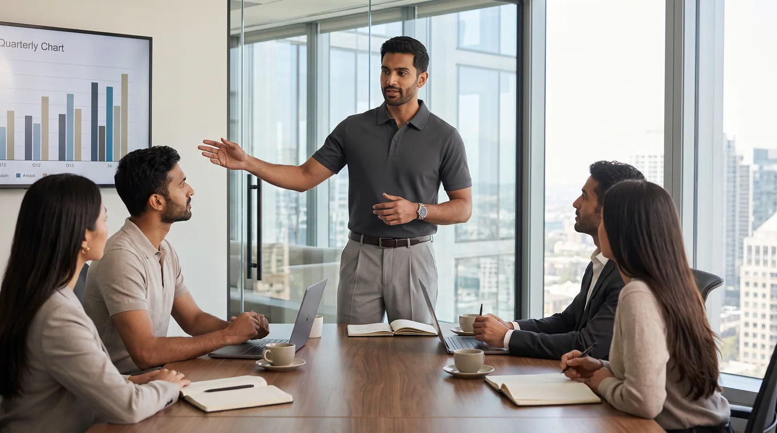 A man in the charcoal Snap Polo presenting quarterly results to colleagues around a boardroom table