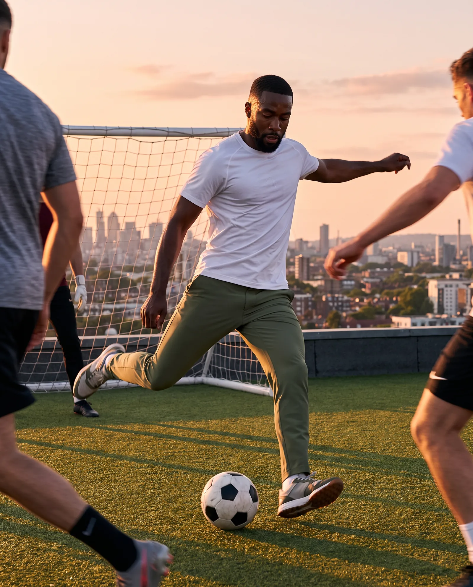 The same olive trousers mid-strike in a rooftop five-a-side football game at sunset