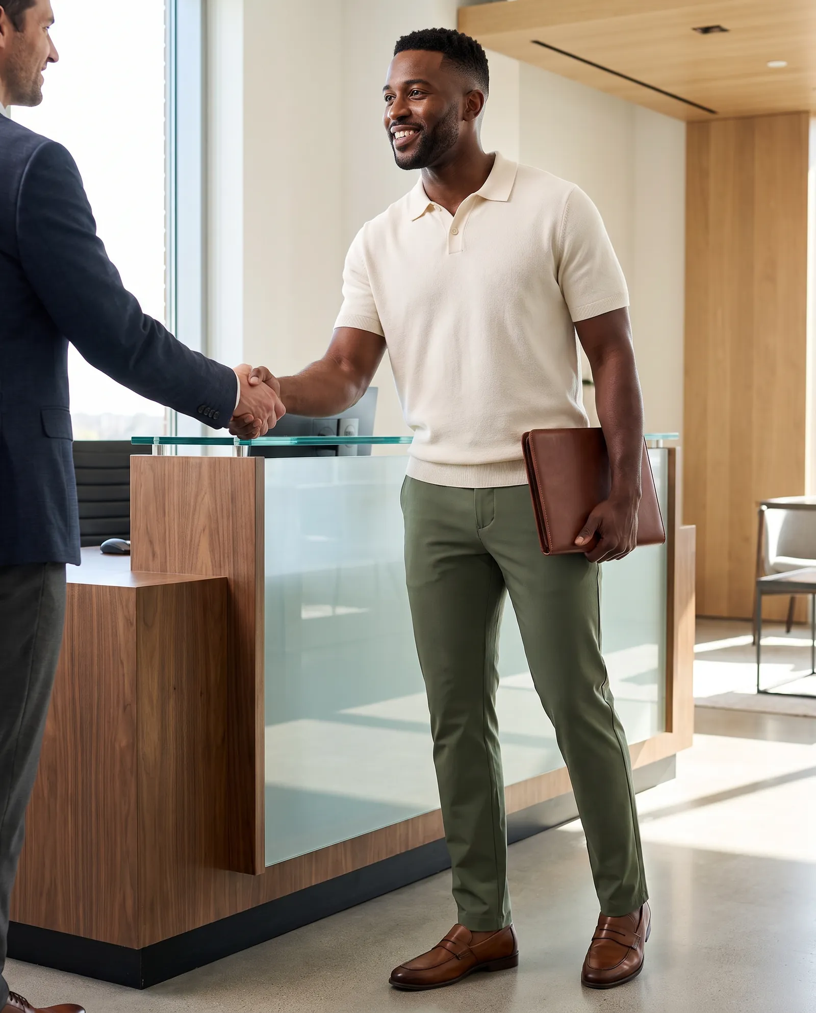 A man in olive tailored trousers and a cream knit polo shaking hands with a client in an office reception