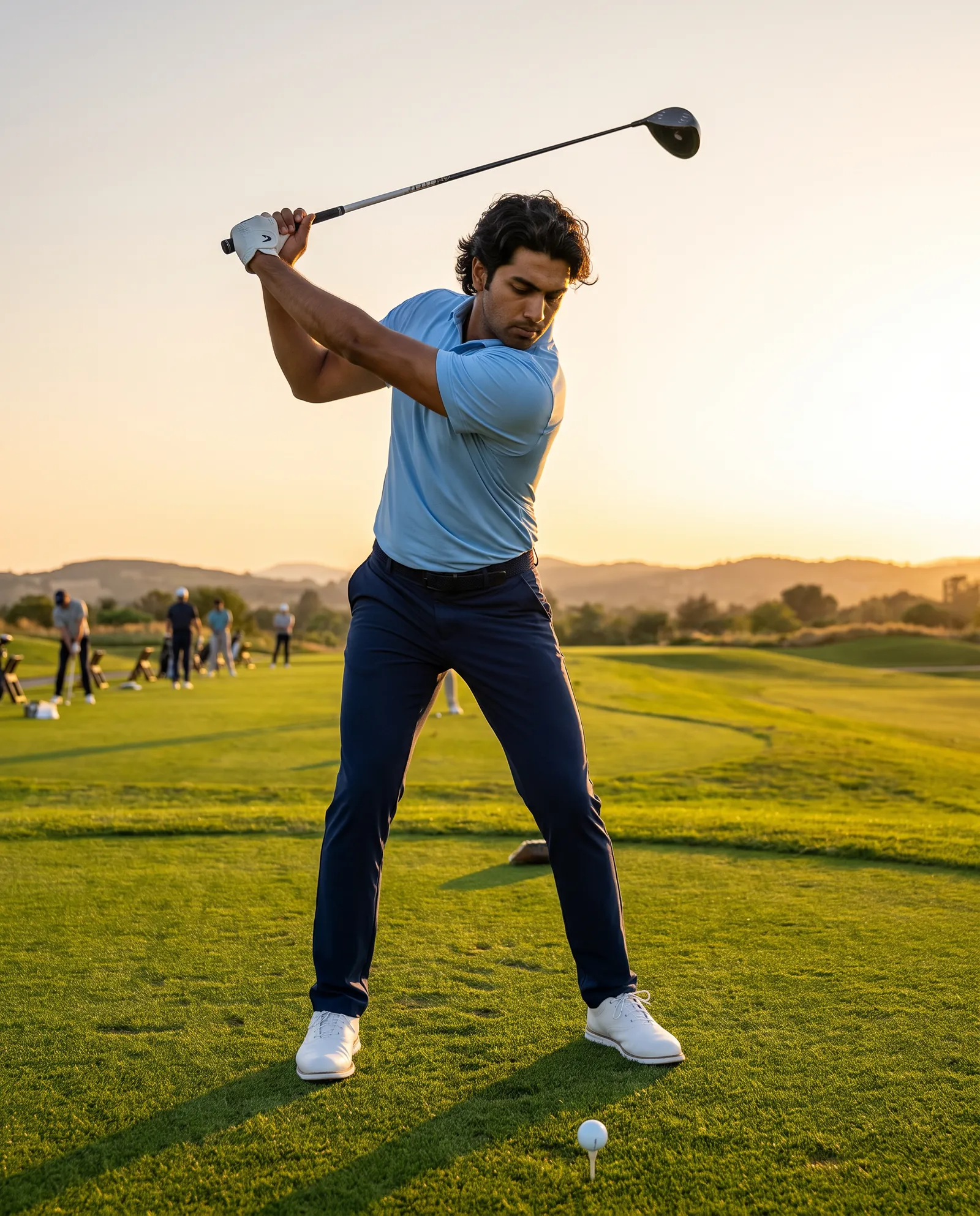 The same sky blue polo at the top of a golf backswing on a driving range