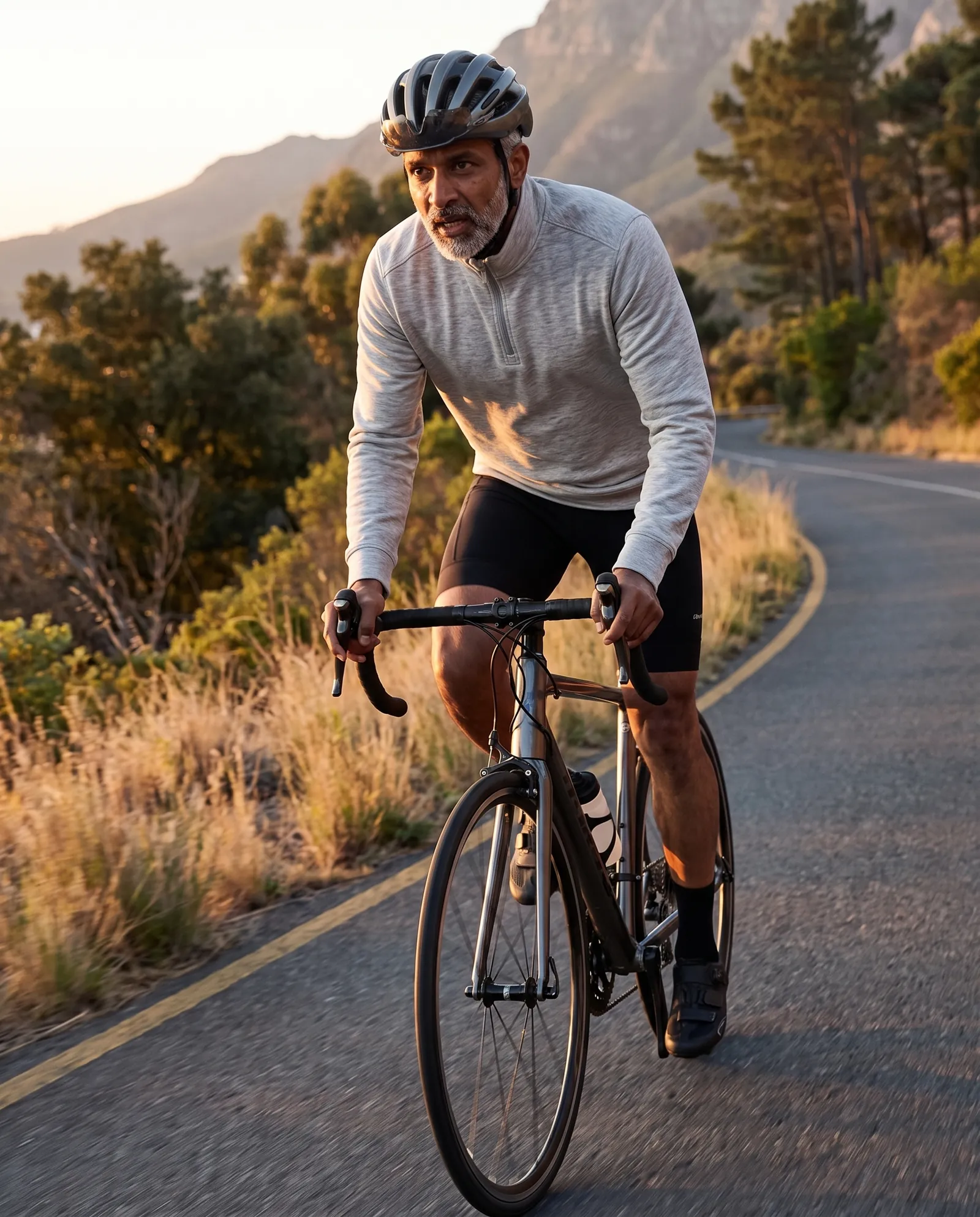 The same man in the Quarter Zip climbing a hill road on a road bike at sunrise