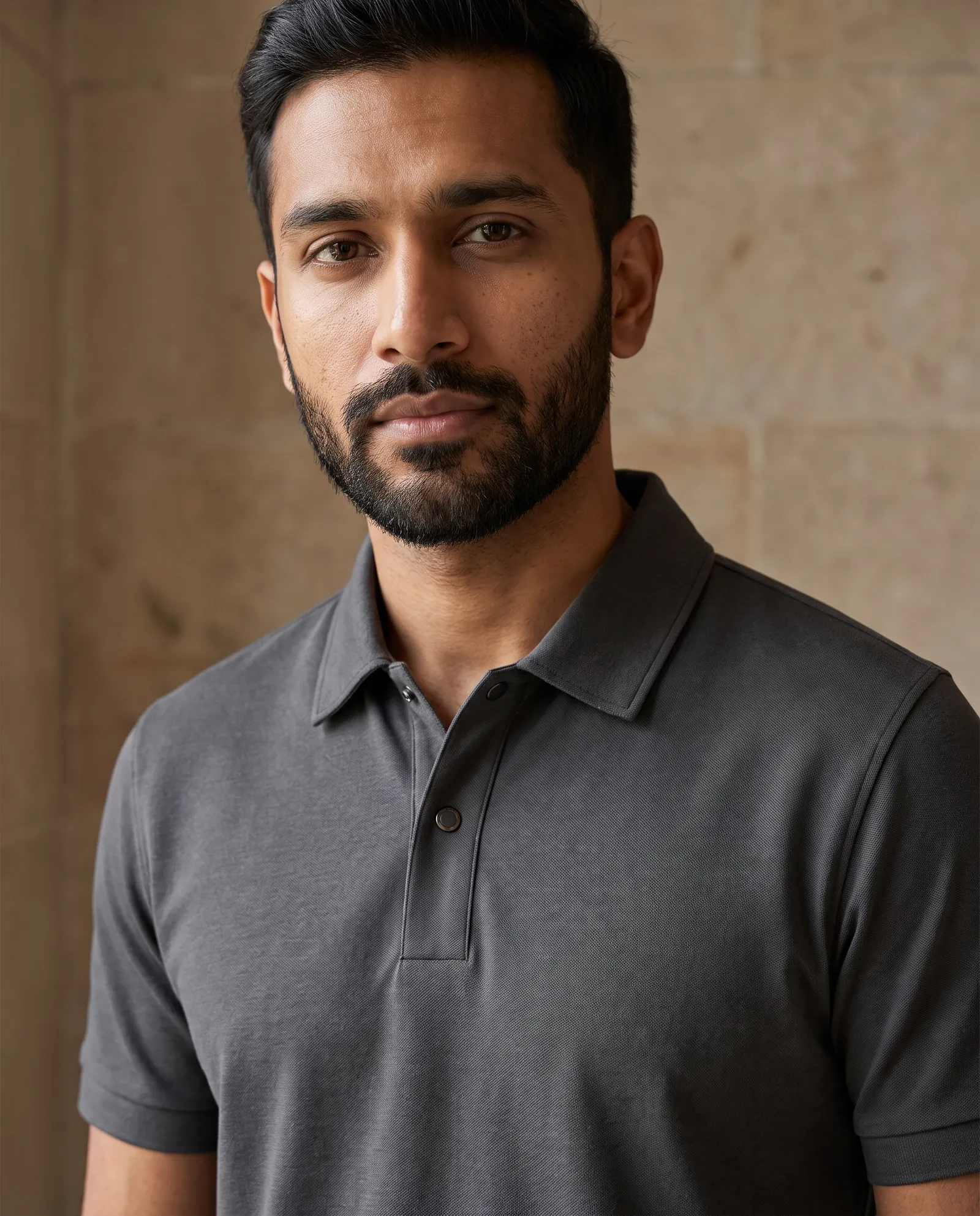 Close portrait of a man in the charcoal Snap Polo, the snap placket and unfused collar in focus