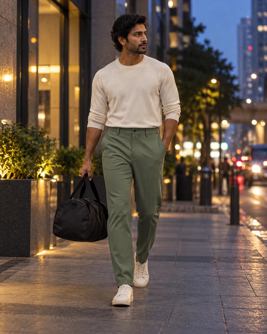The same man in the Olive Trouser carrying a holdall along a city street at night