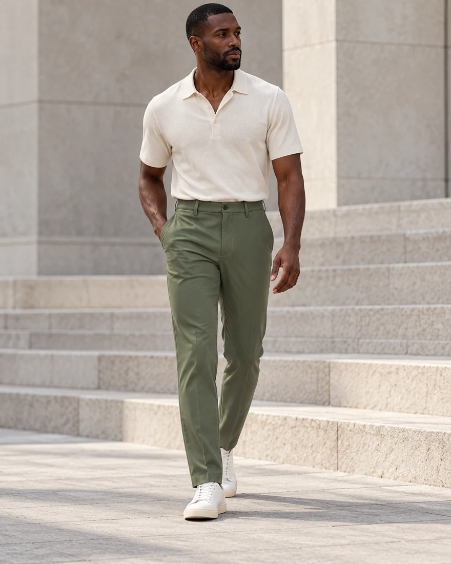A man in the Olive Trouser and a cream polo walking down stone steps in daylight