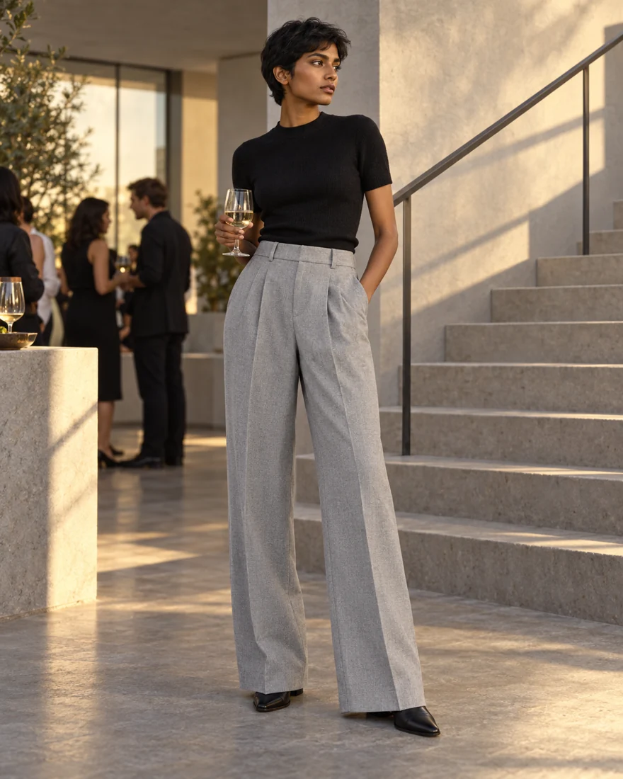A woman in the Pleated Trouser and a black tee at an evening gathering