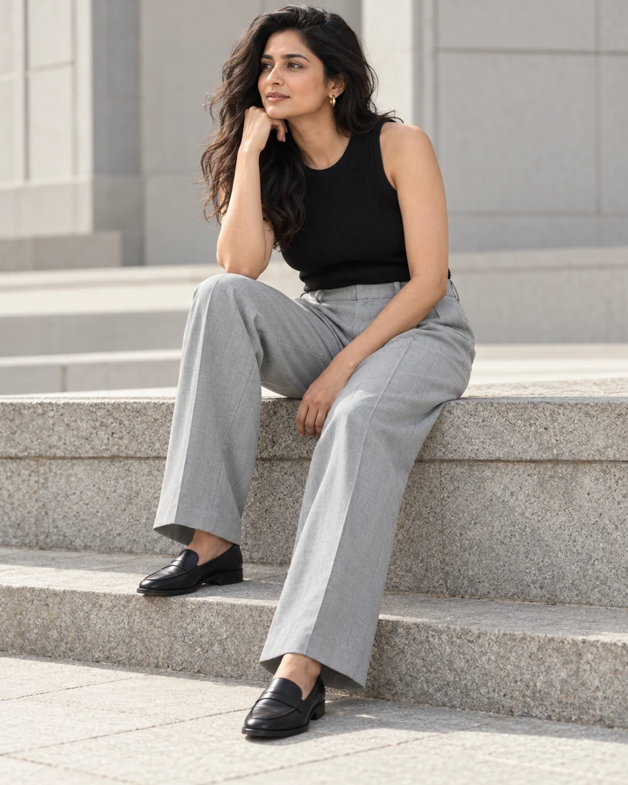 A woman in the Pleated Trouser and a black top sitting on granite steps