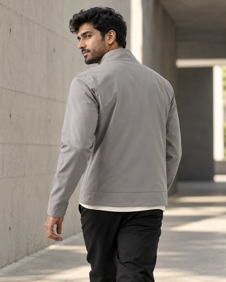 A man seen from behind in the light grey Zip Jacket, showing the clean back panel