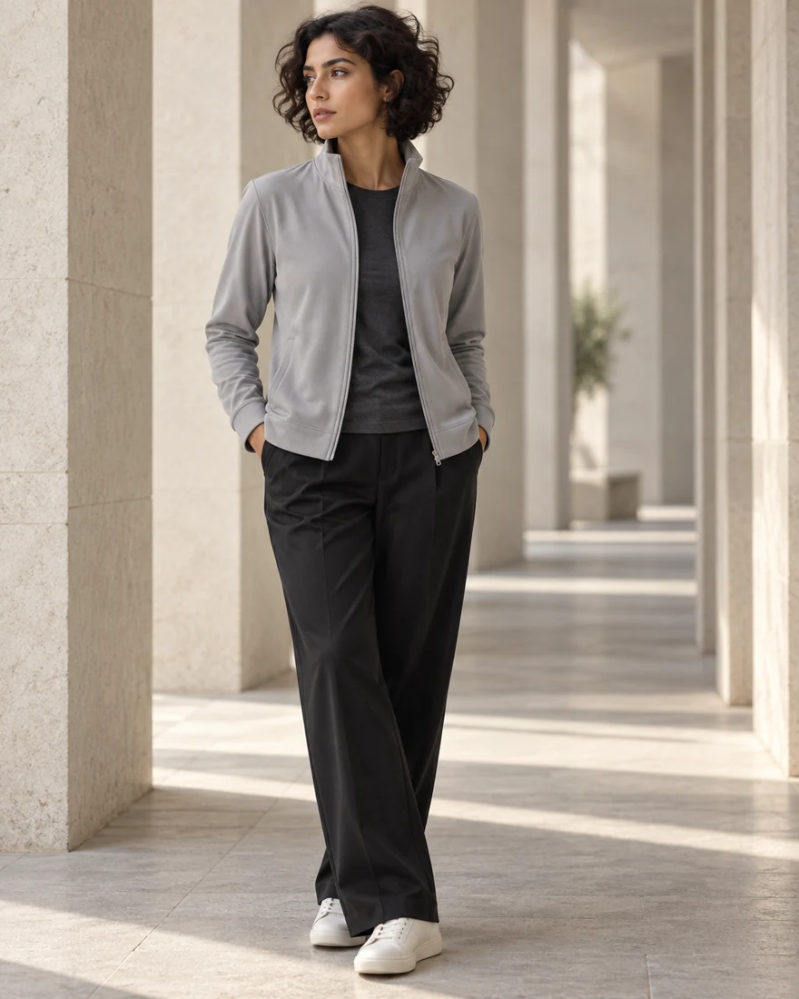 A woman in the light grey Zip Jacket walking through a stone colonnade