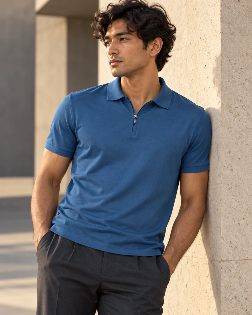 A man in the Blue Zip Polo leaning against a stone wall