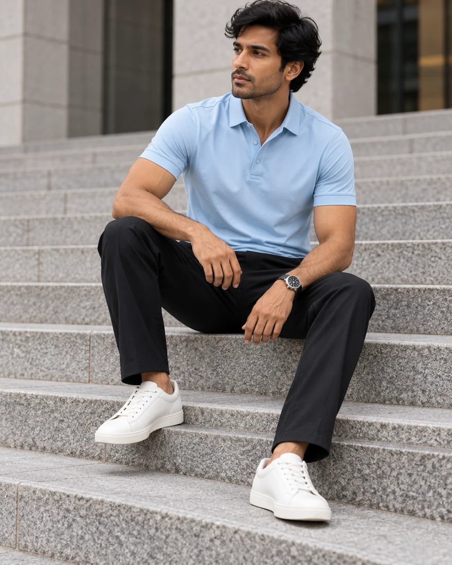 A man in the Sky Snap Polo and black trousers sitting on wide stone steps