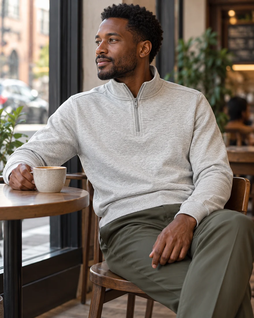 A man in the heather Quarter Zip and olive trousers with a coffee at a cafe table